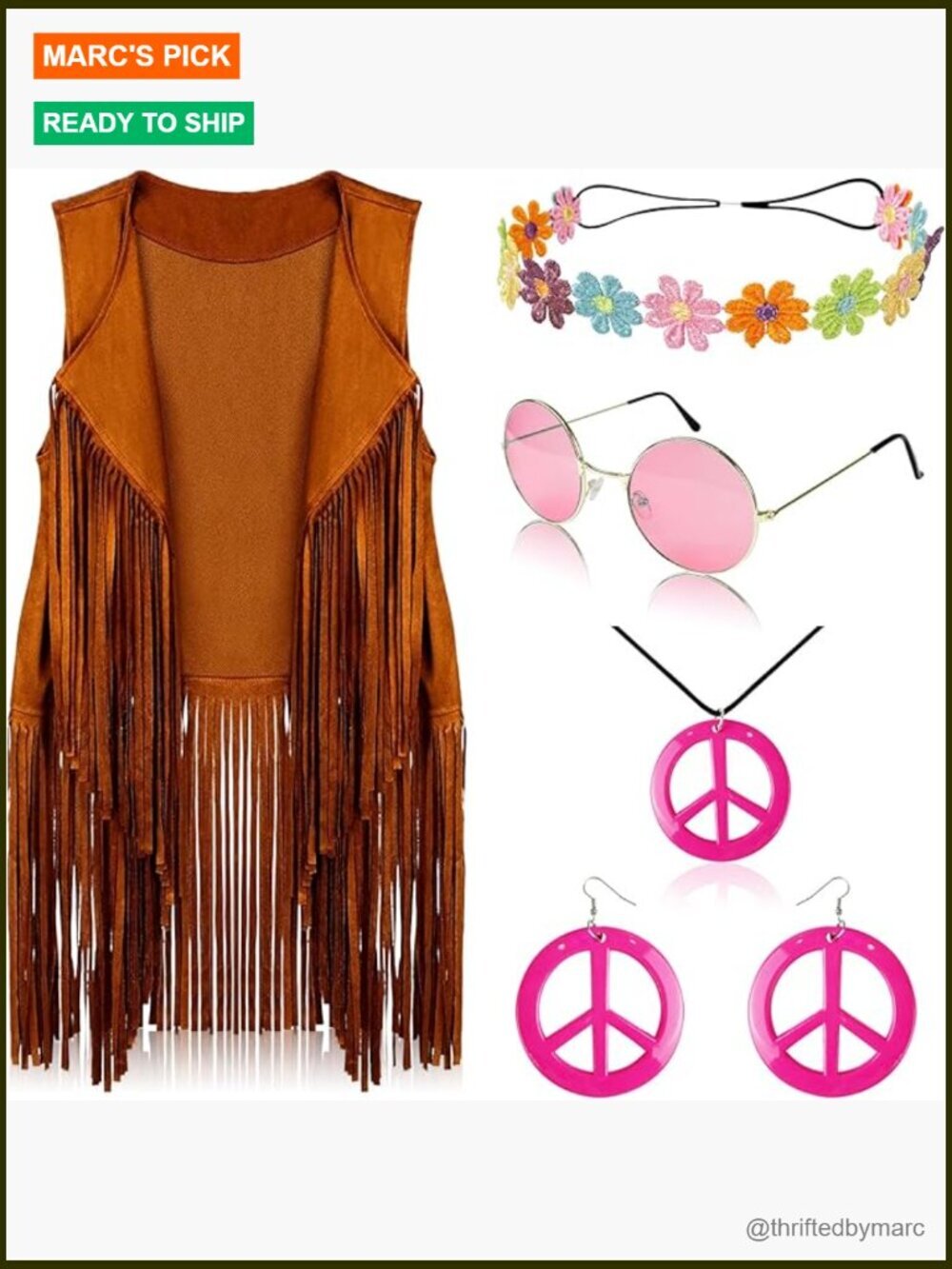 Hippie Disco Costume Set Fringe Vest Peace Sign Accessories